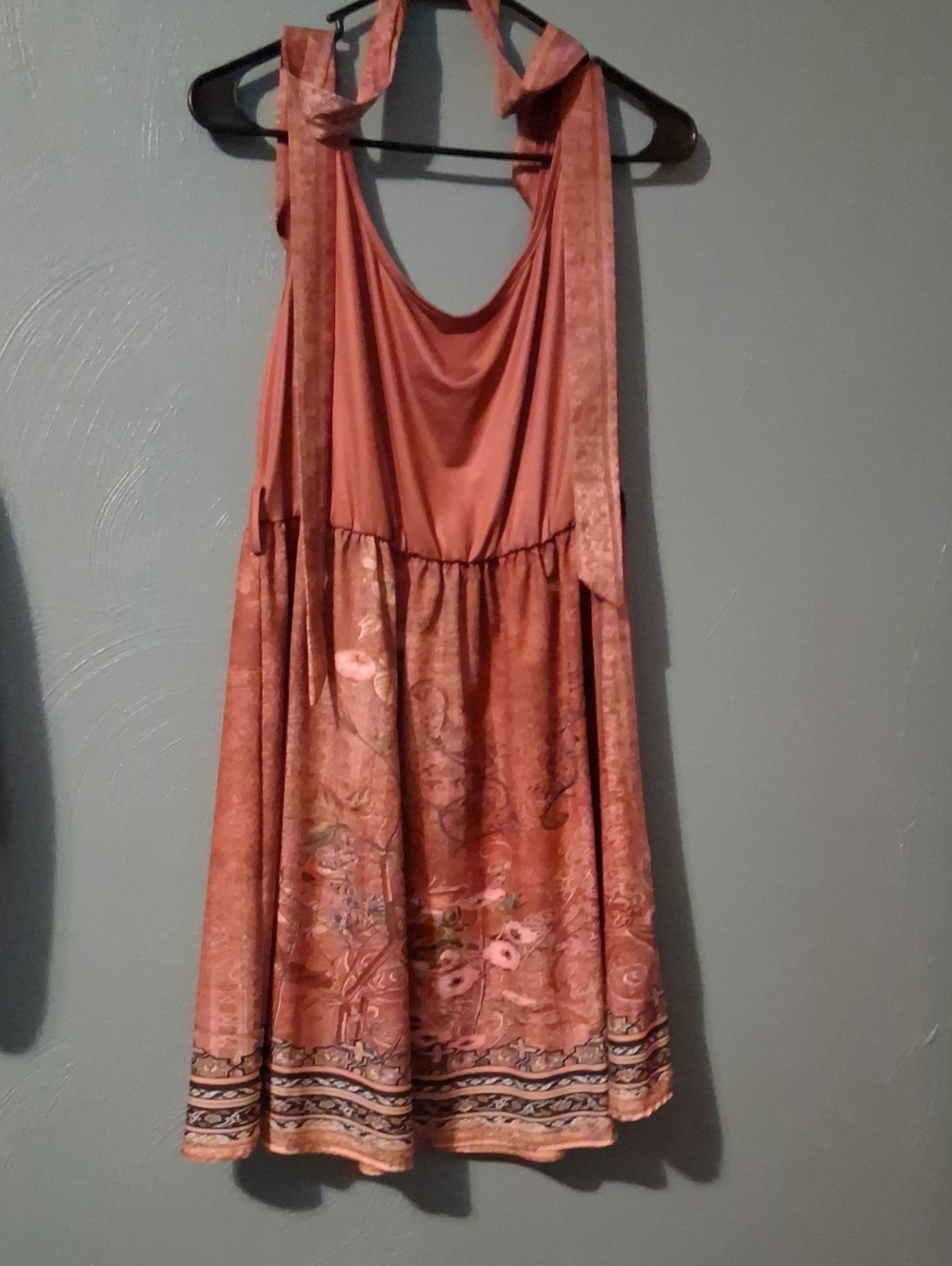 Sleeveless Coral Floral Border Halter Dress